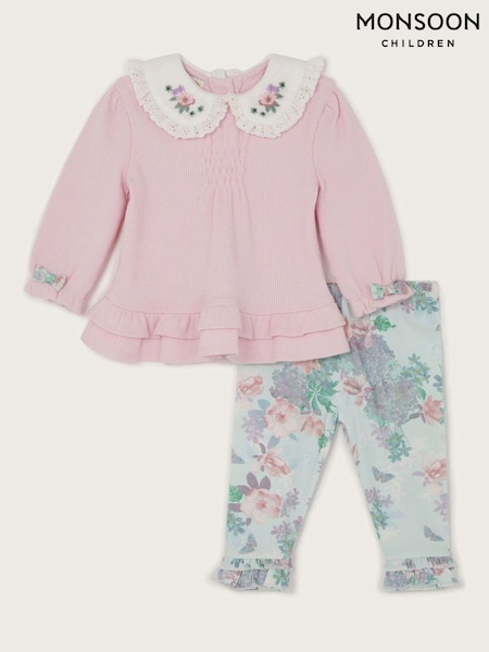 Monsoon Pink Newborn Rib Collar Top and Floral Leggings Set (AM4100) | €29