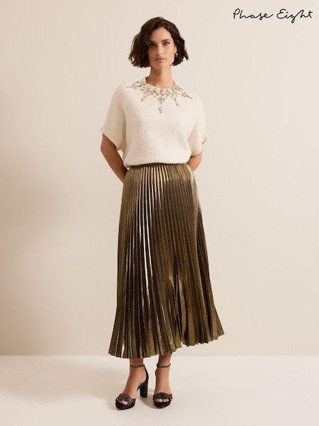 Phase Eight Gold Dhalia Foil Pleated Skirt (AM4342) | 343 QAR