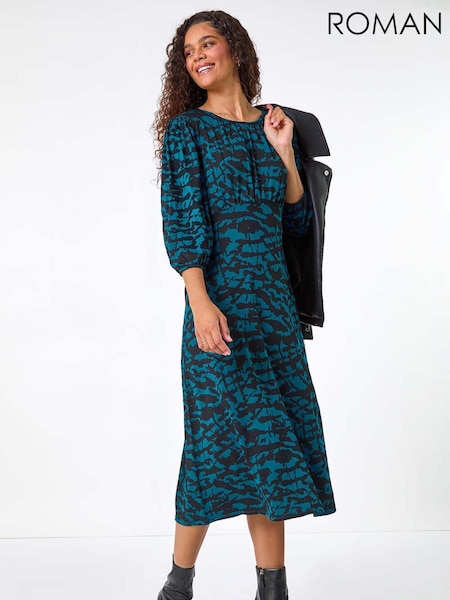 Roman Abstract Print Gathered Stretch Midi Dress (AM4498) | €56