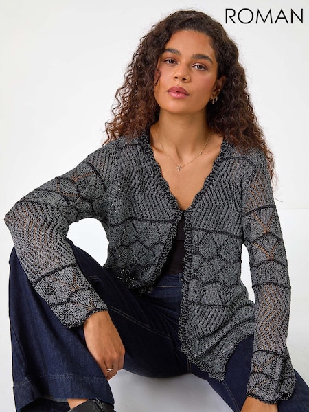 Roman Black Shimmer Crew Neck Knit Cardigan (AM4503) | $81