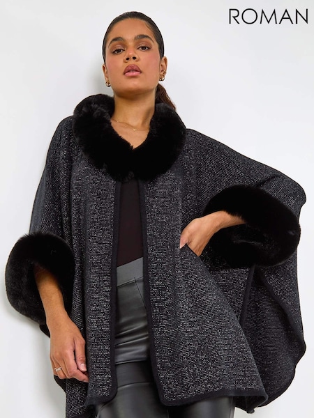 Roman Black Faux Fur Button Up Poncho (AM4514) | 238 QAR
