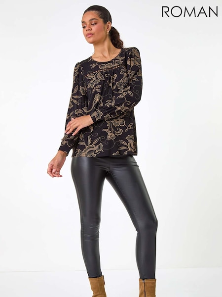 Roman Natural Floral Print Trim Detail Stretch Top (AM4517) | AED233
