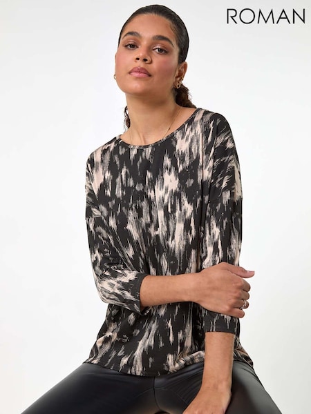 Roman Black Abstract Print Stretch Jersey Top (AM4519) | €40
