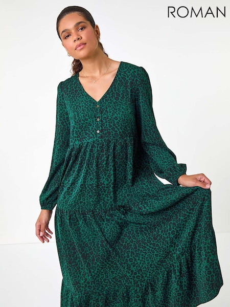 Roman Green Animal Print Button Detail Smock Midi Dress (AM4520) | R$ 545