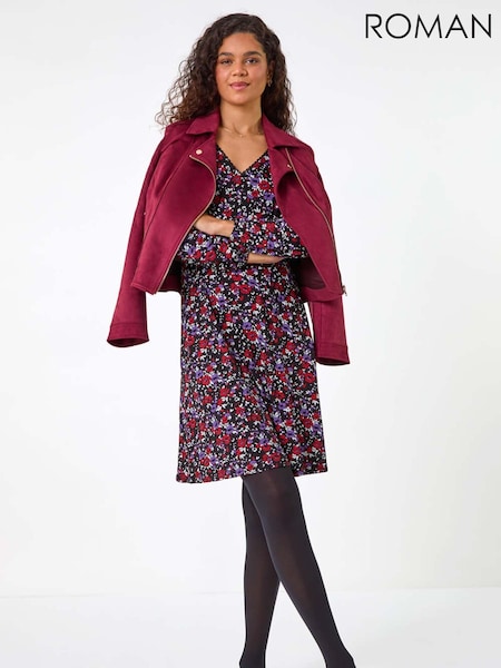 Roman Purple Floral Print Lace Trim Stretch Dress (AM4522) | €53