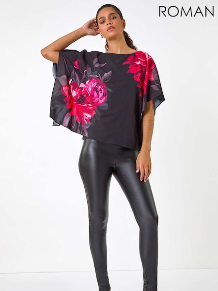 Roman Red Floral Print Chiffon Overlay Top (AM4524) | €48
