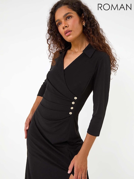 Roman Black Ruched Button Shirt Stretch Midi Dress (AM4525) | €64