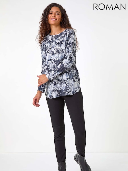 Roman Grey Floral Print Ribbed Top (AM4535) | AED233