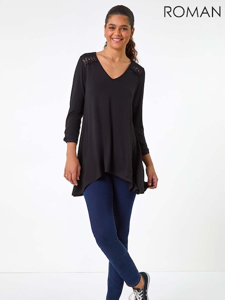 Roman Black Floral Print Crochet Tunic Stretch Top (AM4537) | €40