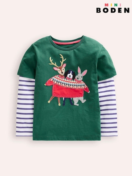Boden Green Christmas Festive Applique Mock Sleeve 100% Cotton T-Shirt (AM4651) | €25 - €29