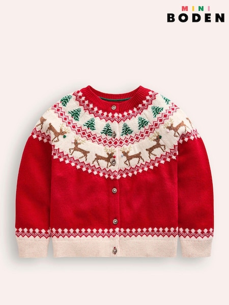 Boden Red Edie Reindeer Festive Fair Isle Pattern Cardigan (AM4653) | AED107 - AED122