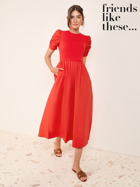 Friends Like These Red Cotton Mix Ruched Sleeve Midi Dress (AM4669) | €43