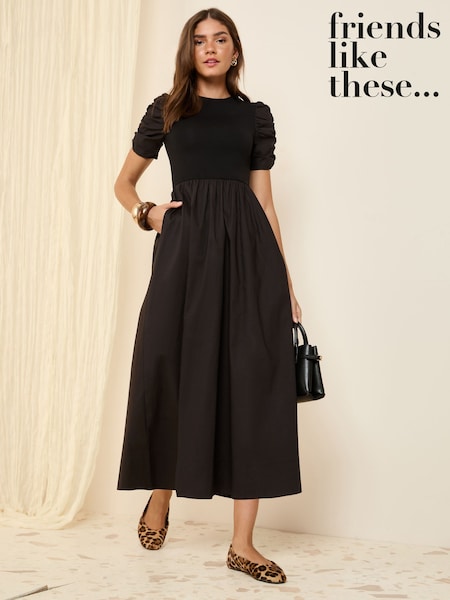 Μαύρο - Friends Like These Cotton Mix Ruched Sleeve Midi Dress (AM4671) | 53 €