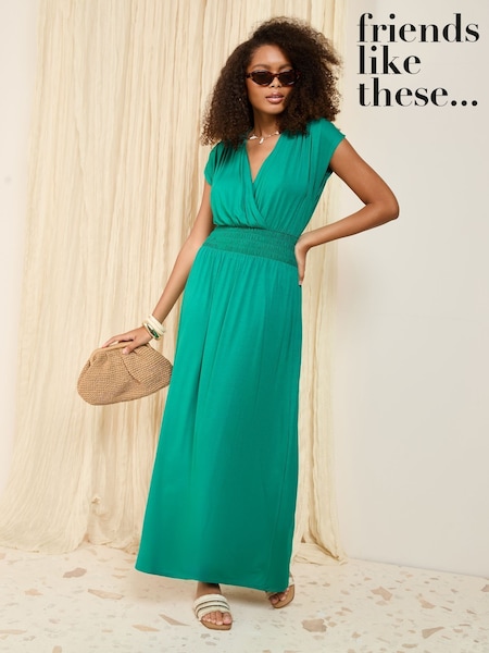 Friends Like These Green Wrap V-Neck Shirred Waist Maxi Dress (AM4673) | €48