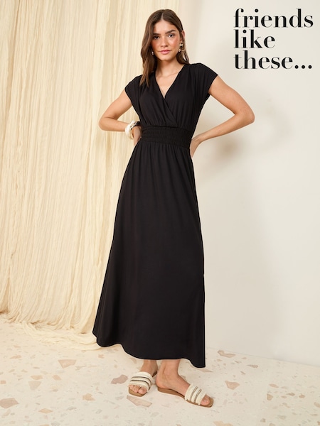 Friends Like These Black Wrap V-Neck Shirred Waist Maxi Dress (AM4674) | €52