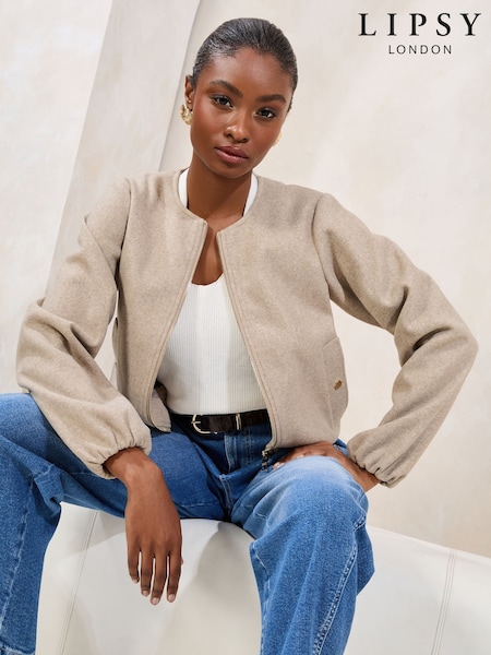 Lipsy Neutral Wool Look Bubble Hem Bomber Jacket (AM4677) | $176