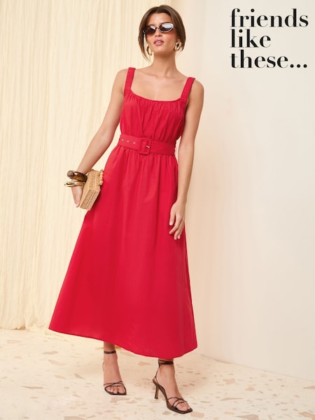 Roșu - Rochie midi cu bretele încrețite Friends Like These, 100% bumbac, cu curea (AM4680) | 410 LEI