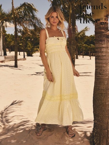Friends Like These Lemon Yellow Millie Mackintosh Crinkle Lace Trim Tiered Midi Sun Dress (AM4681) | 3,304 UAH