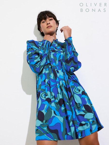 Oliver Bonas Blue Abstract Pleated Mini Dress (AM4723) | 185 QAR