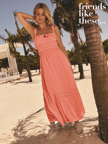 Friends Like These Peach Pink Petite Millie Mackintosh Crinkle Lace Trim Tiered Midi Sun Dress (AM4750) | €69