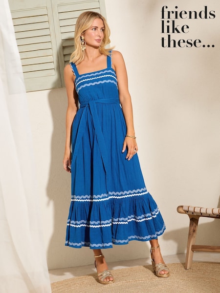 Friends Like These Blue Petite Millie Mackintosh Crinkle Lace Trim Tiered Midi Sun Dress (AM4751) | €62