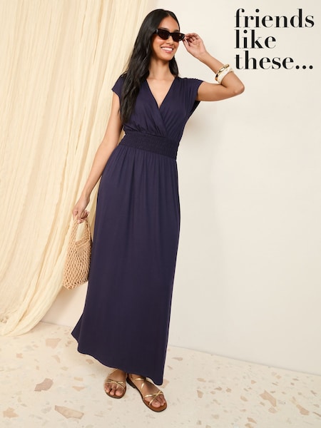 Friends Like These Navy Petite Wrap V-Neck Shirred Waist Maxi Dress (AM4752) | €48