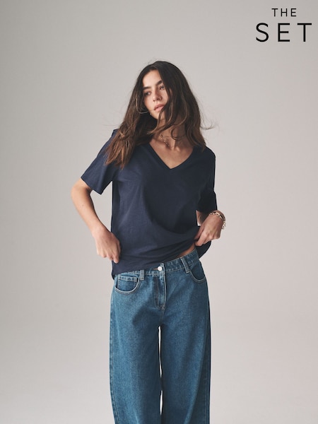 Navy/Light Blue/ Cream - The Set Slub 100% Cotton V-Neck T-Shirts 3 Pack (AM4816) | 145 LEI