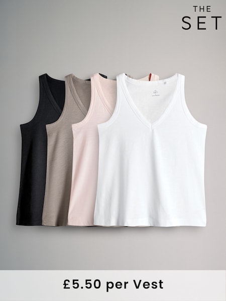 The Set Black/White/Taupe Brown/Pink Slub 100% Cotton Vests 4 Pack (AM4818) | OMR12