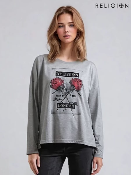 Religion Long Sleeve Flush 100% Cotton T-Shirt with Floret Roses Religion Artwork (AM4838) | €66