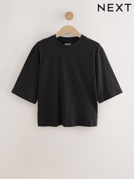 שחור - Relaxed Boxy Elbow Length Crew Neck 100% Cotton T-Shirt (AM4881) | ‏33‏₪