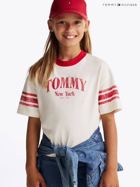 Tommy Hilfiger White 100% Cotton Varsity Colourblock T-Shirt (AM4883) | $50