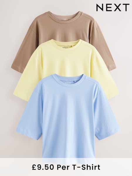 Blue/Lemon Yellow/Neutral Elbow Length Crew Neck 100% Cotton T-Shirts 3 Pack (AM4893) | AZN 63