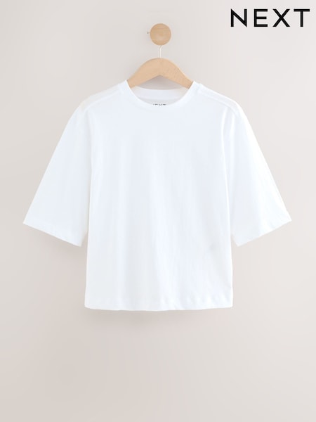 Blanco - Relaxed Boxy Elbow Length Crew Neck 100% Cotton T-Shirt (AM4898) | 13 €