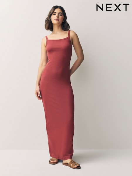 Rust Red Strappy Maxi Length Ribbed Dress (AM4899) | $29