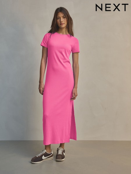 Ярко-розовый - Ribbed T-Shirt Style Column Maxi Dress With Slit Detail (AM4901) | €17