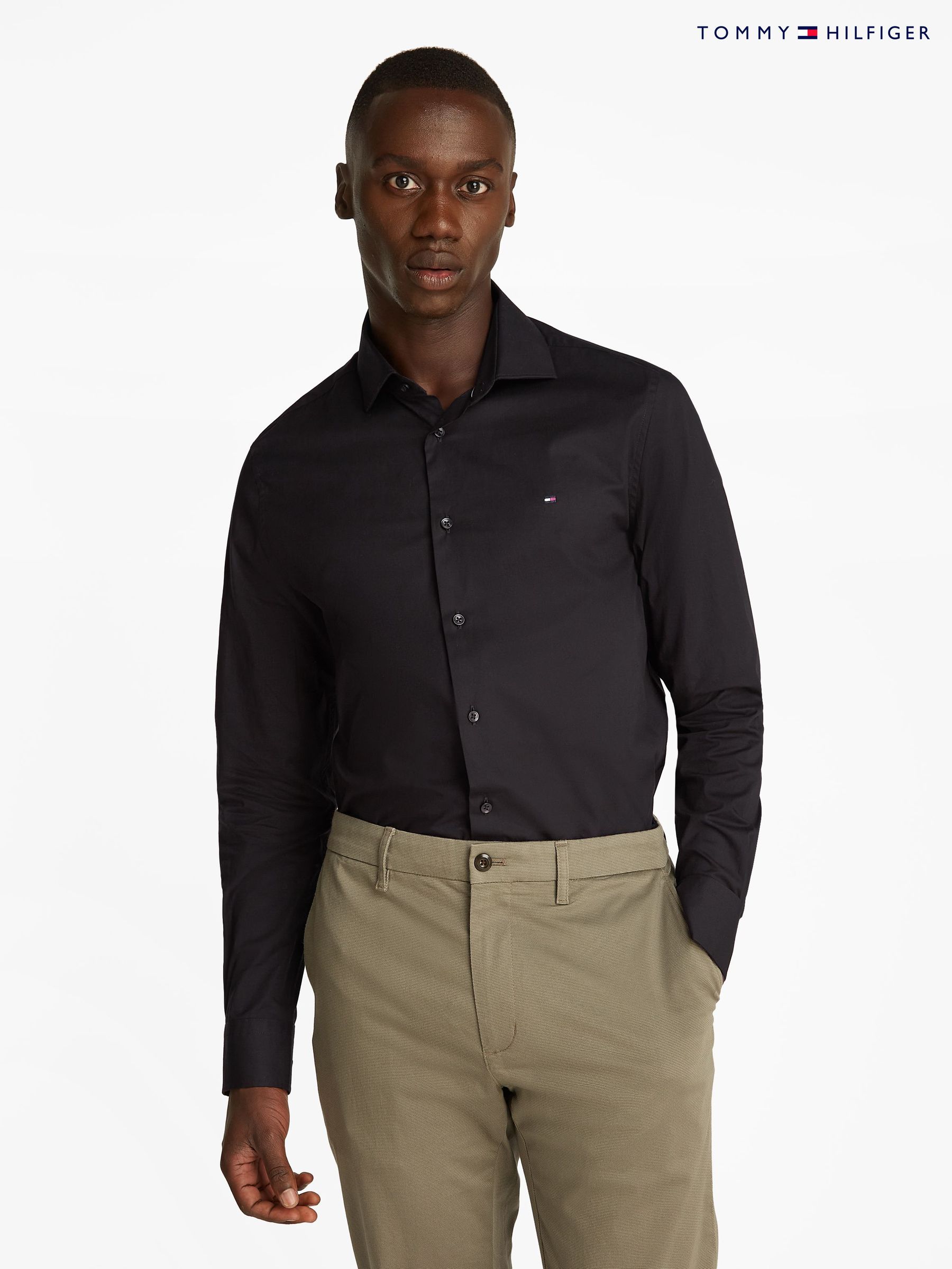 Tommy Hilfiger Black Plain Collared Slim Fit Shirts | Next Luxembourg