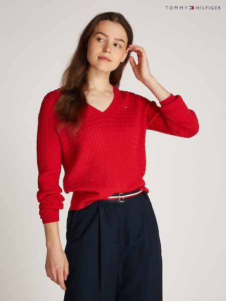 אדום - Tommy Hilfiger Cable V-Neck Jumper (AM4958) | ‏603‏₪