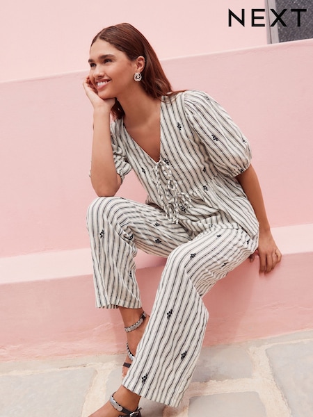 Black/White Stripe Elasticated Waist Wide Leg Trousers with Embroidery (AM5039) | 1,131 UAH