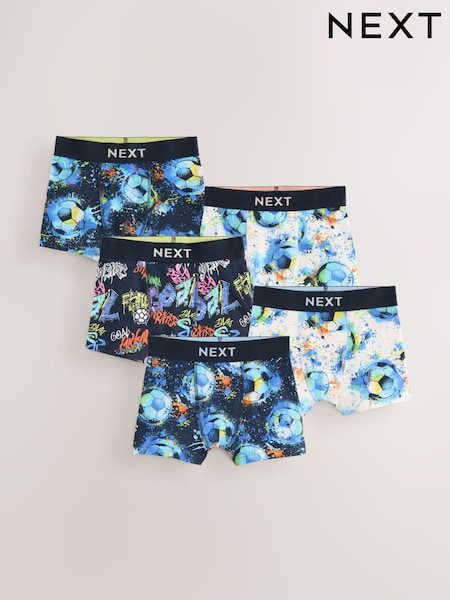 Blue Football Print Boxers 5 Pack (2-16yrs) (AM5043) | AED71 - AED97