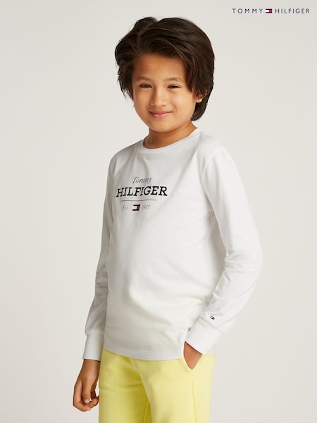 לבן - Tommy Hilfiger 1985 Regular Fit Monotype Long Sleeves 100% Cotton T-shirt (AM5084) | ‏131‏₪