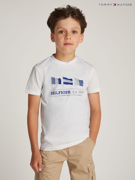 Tommy Hilfiger White Regular Fit 100% Cotton T-Shirt With Waving Flag (AM5090) | ₪101