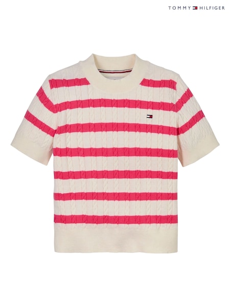 Рожевий - Tommy Hilfiger у смужку Mini Cable з коротким рукавом джемпера (AM5239) | 2 704 грн