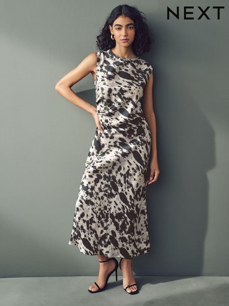 Brown Cow Animal Print Sleeveless Satin Drape Waist Detail Midi Dress (AM5257) | €61.50