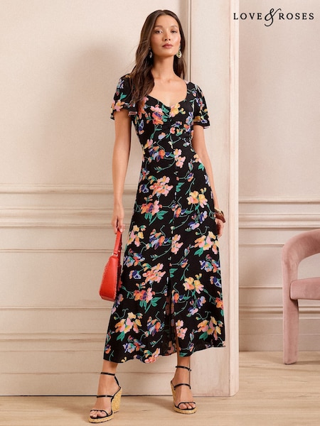 Negru cu flori - Rochie midi cu decolteu inimă și mânecă scurtă Love & Roses (AM5262) | 439 LEI