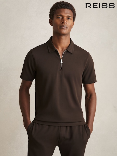 Reiss Chocolate Brown Albany Textured Half-Zip Polo Shirt (AM5301) | €104
