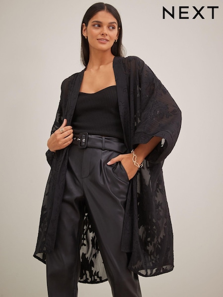 Black Burnout Longline Kimono Cover-Up (AM5305) | 185 SAR