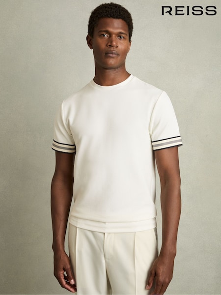 Reiss White Emmerson Tape-Cuff Textured T-Shirt (AM5320) | 426 QAR