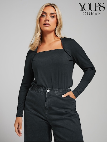 Yours Curve Black Bolero Neckline Ribbed Top (AM5355) | AED157