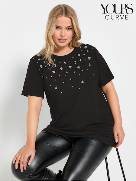 Yours Curve Black Knitted Gem T-Shirt (AM5367) | €35