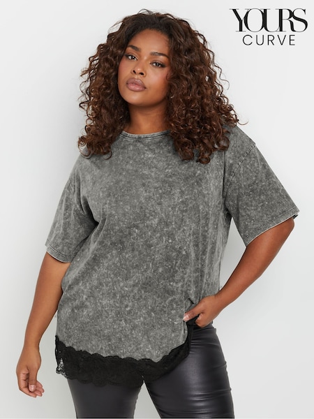 Yours Curve 100% Cotton Acid Wash Lace Hem T-Shirt (AM5384) | €26